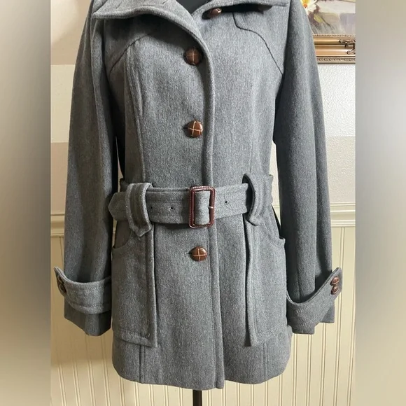 LOFT Charcoal Wool blend Belted Trench Coat size 8 - Picture 3 of 15